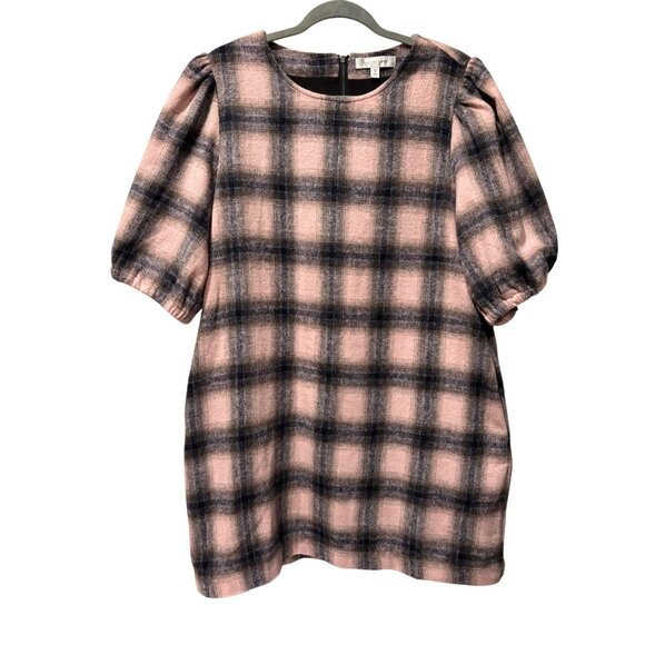 Pink & Gray Plaid Puff Sleeve Mini Dress By Toccin X RTR Size 12 Blend Fabric - Picture 4 of 12